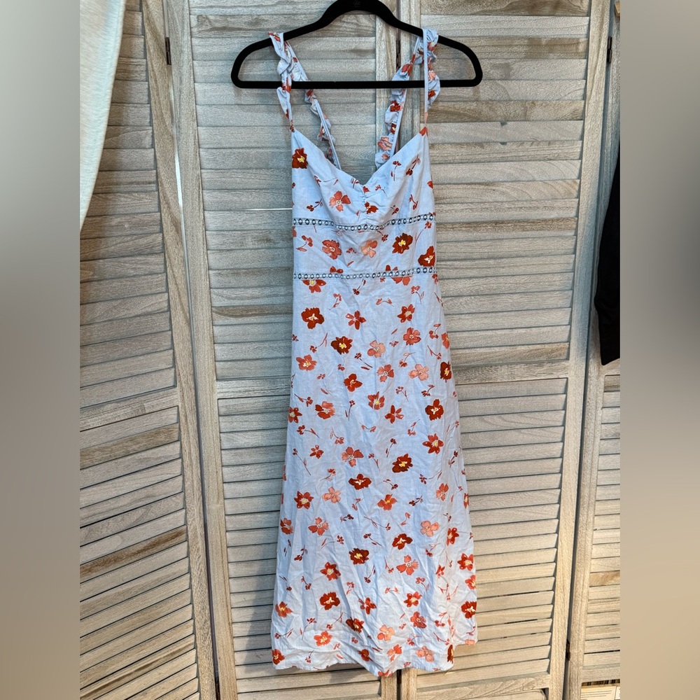 NWT Zara Linen floral ruffle strap cross cross back midi dress